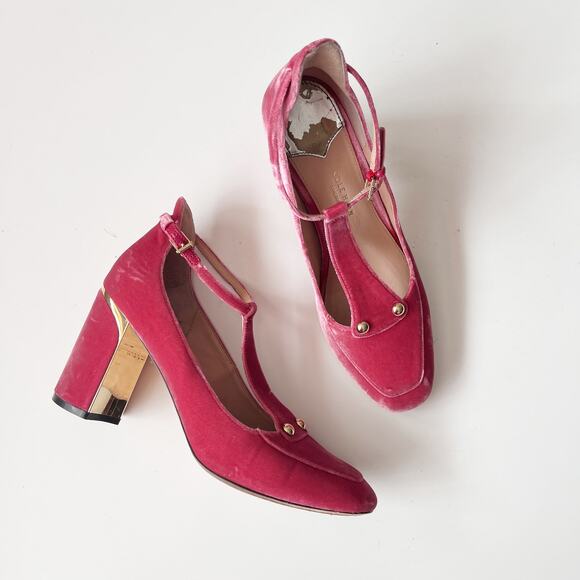 Cole Haan Collection Pink Velvet block heel T-strap Mary Jane Pumps Heels Size 9 - Picture 1 of 9